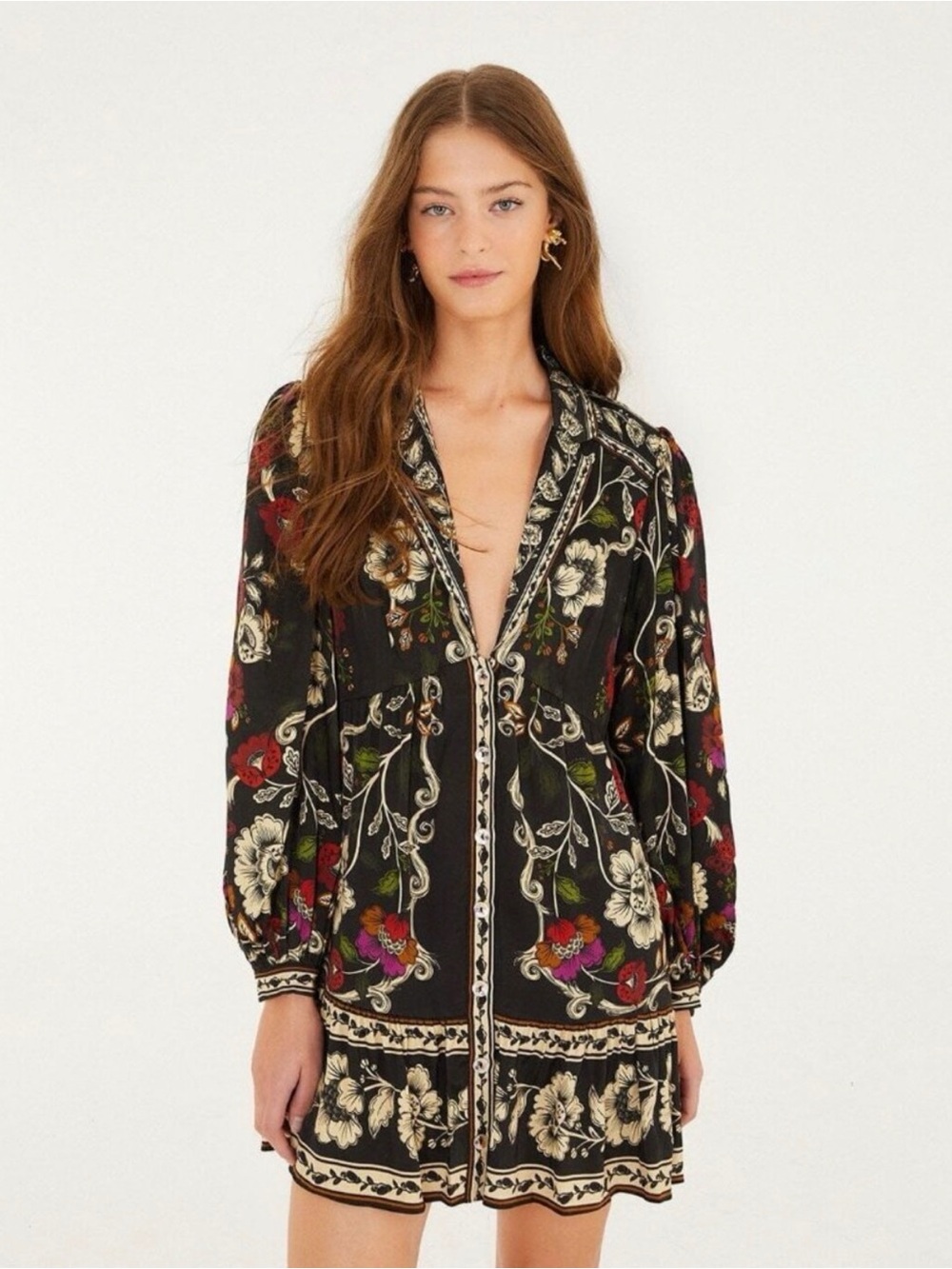 FARM Rio Black Floral V-Neck Mini Dress with Multicolor Blooms
